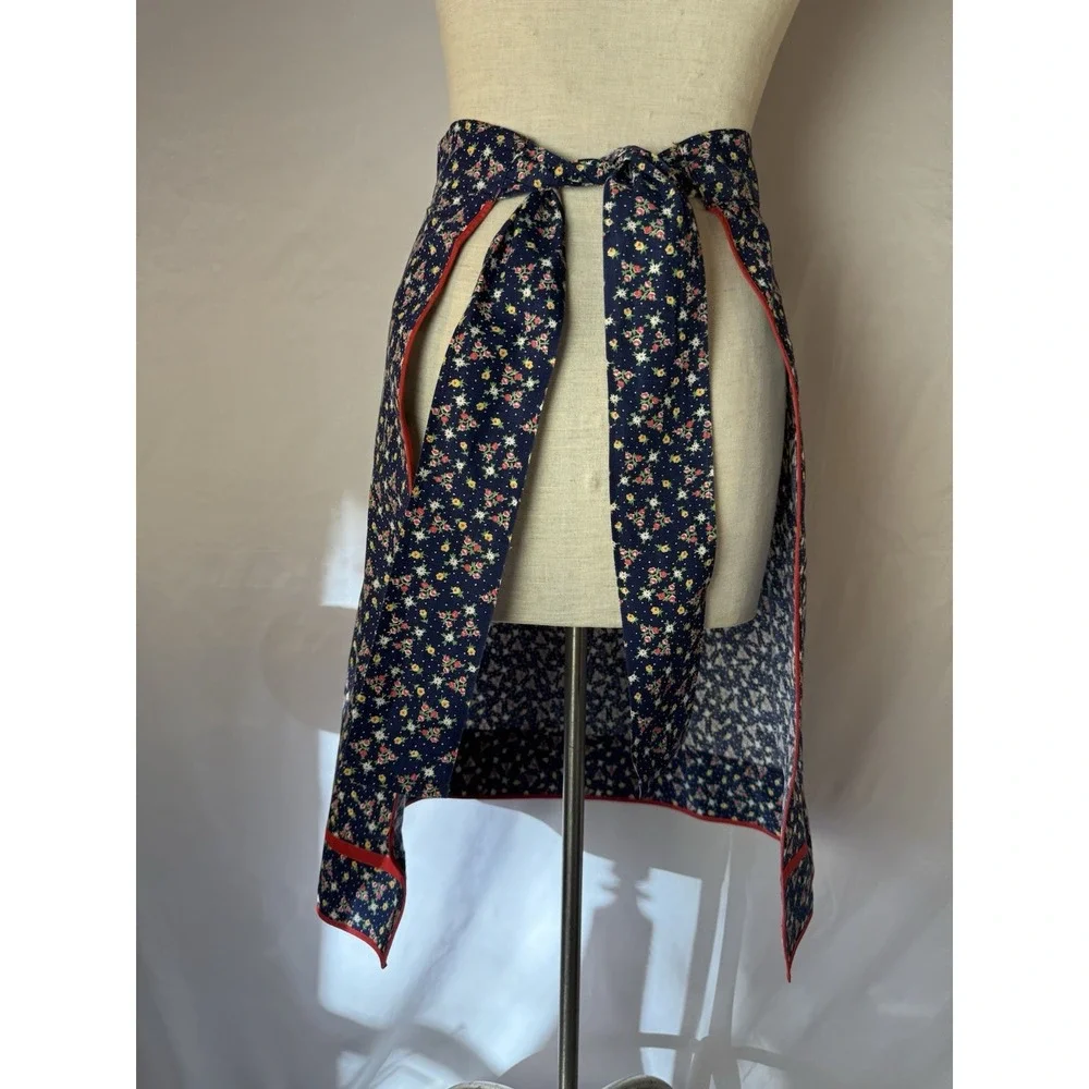 VTG 1/2 Apron Pocket Red Blue Yellow Floral Retro Feed Sack Cottage Farmhouse - Picture 3 of 9